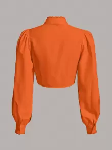SHEIN MOD Tie Neck Lace Trim Lantern Sleeve Crop Blouse - Orange - View 2