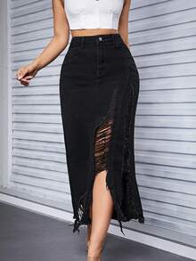 毛邊牛仔半身裙 - 黑色 - 查看 3