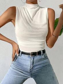 SHEIN Essnce Mock Neck Ruched Tank Top - White - View 5