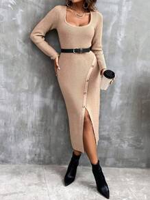 Chiquease Scoop Neck Button Detail Split Thigh Sweater Dress Without Belt - Khaki - View 1