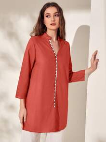 Mulvari 缺口領拼接邊下擺開叉襯衫 - 鏽棕色 - 查看 3