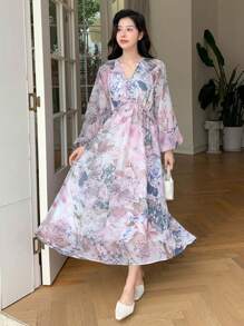 DAZY Floral Print Lantern Sleeve Dress - Mauve Purple - View 1