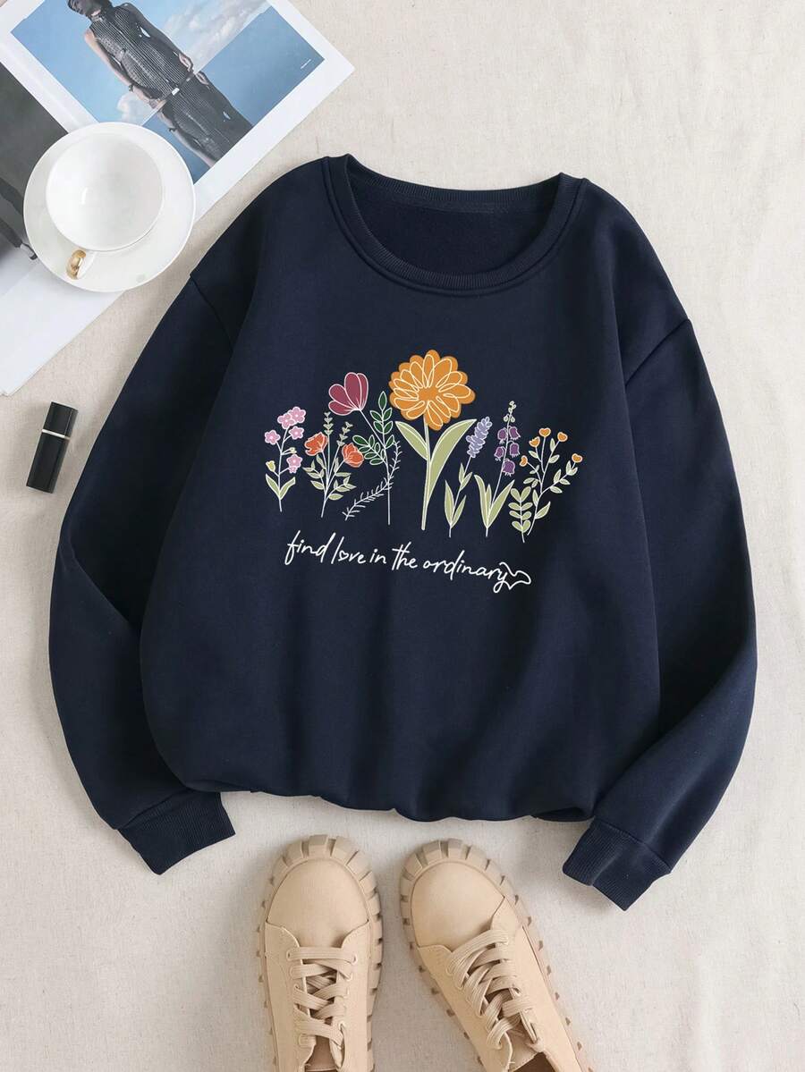 SHEIN EZwear 花和標語圖案加絨內裏運動衫 - 藏蓝色 - 查看 1