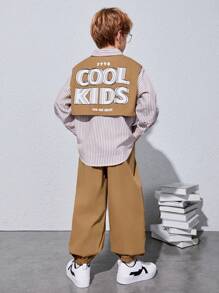 SHEIN Tween Boy Striped & Slogan Graphic Flap Pocket Shirt & Pants - Khaki - View 4