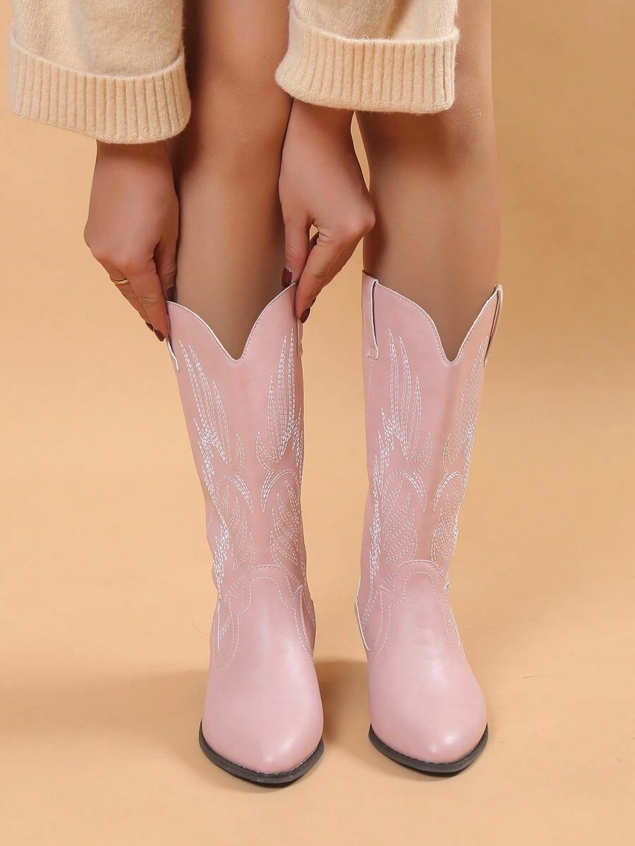 女式尖頭西部風格女牛仔靴，粉色配繡花細節，女士牛仔靴 - 粉色 - 查看 1