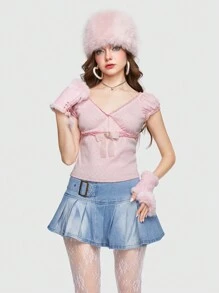 ROMWE Kawaii Frill Trim Bow Front Tee - Pink - View 2