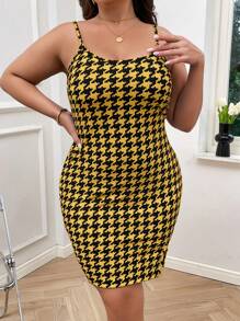 SHEIN Privé Hơn In Houndstooth Váy Dây & Mở Mặt trước Áo vest - Màu vàng - Xem 3