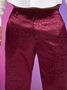 FeverCity Men Paisley Jacquard Slant Pocket Straight Leg Suit Pants - Red - View 4