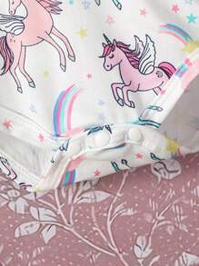 Bebezinha Impressão Floral Acabamento De Babados Bodysuit & Gráfico de Cartoon Vestido Overall & Testeira - Pink - Visão 4