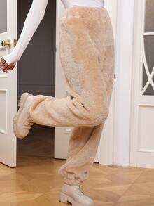 SHEIN Essnce Solid Fluffy Pants - Khaki - View 5