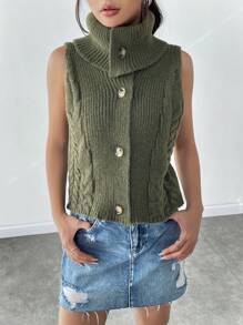 SHEIN Unity Turtleneck Cable Knit Button Front Sweater Vest - Army Green - View 6