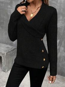 EMERY ROSE 披肩领纽扣细节针织套头衫秋冬毛衣 - 黑色 - 查看 4