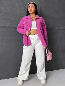 SHEIN EZwear 大碼翻蓋口袋落肩袖燈芯絨大衣 - 玫紅色 - 查看 4