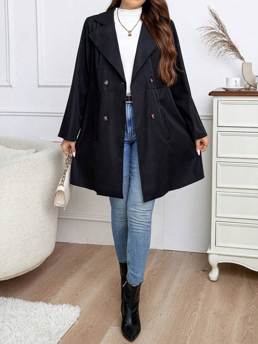 Calvaya 大碼西裝領雙排釦外套 - 黑色 - 查看 1