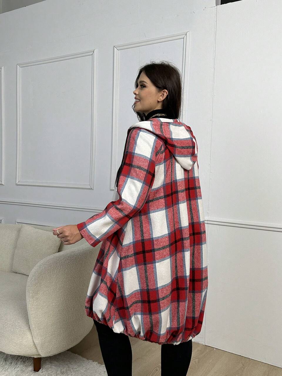 Plus Plaid Print Zip Up Drawstring Hooded Coat
