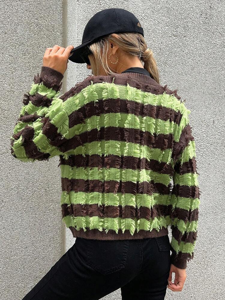 Color Block Drop Shoulder Distressed Cardigan Fall Cloth For Women