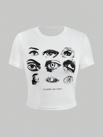 Grunge Punk Maglietta aderente a girocollo con stampa di occhi, in stile Y2K retrò