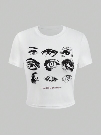 Grunge Punk Y2K Retro Augen-Muster, Rundhals, tailliertes T-Shirt