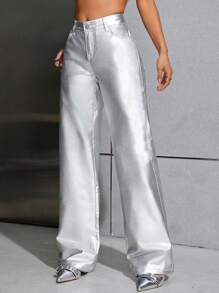 SHEIN ICON 素色闊腿牛仔褲 - 銀色 - 查看 4