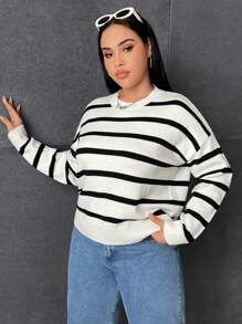 SHEIN EZwear 大碼條紋圖案落肩袖套頭毛衣 - 白色 - 查看 5