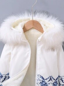 SHEIN Young Boy Graphic Print Fuzzy Trim Hooded Teddy Lined Thermal Lined Jacket - White - View 5