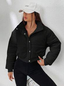 SHEIN EZwear 纯色拉链短款夹棉大衣 - 黑色 - 查看 3