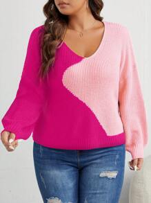 SHEIN Unity Plus Size Women Colorblock V-Neck Knit Casual Sweater, Autumn/Winter Knit Pullover Fall Sweater - Hot Pink - View 7
