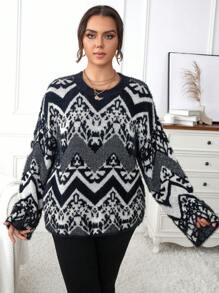 Calvaya Hơn Mô hình Chevron Thả vai Áo len - Đen và trắng - Xem 4