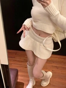 DAZY Solid High Neck Crop Sweater & Ribbed Knit Skirt,Fall Clothes - Yellow - View 5