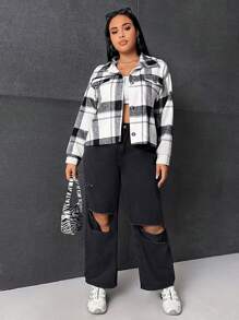 SHEIN EZwear Plus Plaid Print Drop Shoulder Flap Detail Overcoat - Black and White - View 5