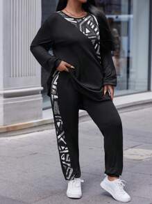 EURMUSE Plus Letter Graphic Tee & Sweatpants - Black and White - View 4