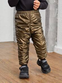 SHEIN 女嬰彈性腰帶加絨內裏長褲 - 棕色 - 查看 2