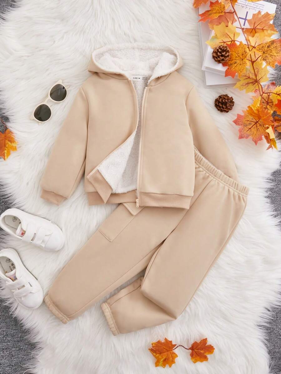 SHEIN Young Girl Zip Up Hooded Thermal Lined Jacket & Pants - Khaki - View 1