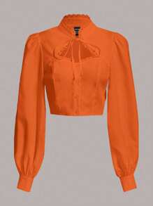 SHEIN MOD Tie Neck Lace Trim Lantern Sleeve Crop Blouse - Orange - View 1