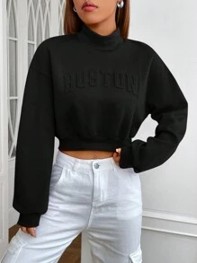 SHEIN EZwear Áo nỉ chui đầu cổ khoét vai in chữ nổi, áo dài tay cho mùa thu/đông - màu đen - Xem 4