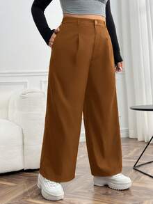 SHEIN EZwear 大碼褶皺闊腿褲 - 棕色 - 查看 4