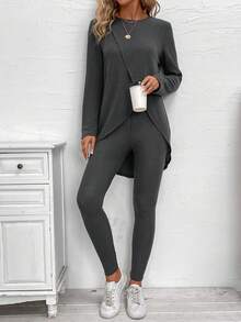 SHEIN LUNE Solid Tulip Hem Tee & Leggings - Grey - View 3