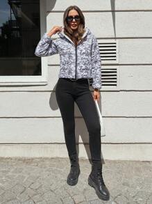 EURMUSE Allover Print Zip Up Hooded Puffer Coat - White - View 5