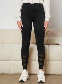 青少年女孩嵌入網紗緊身打底褲 - 黑色 - 查看 4