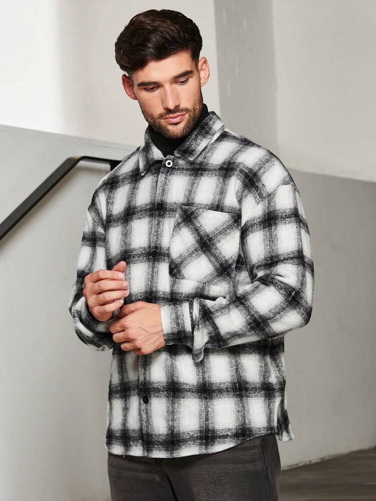 Men's Plaid Print Pocket Patched Oversized Overcoat