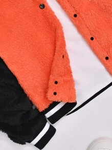 SHEIN Tween Girl 1pc Letter Patched Striped Trim Fleece Varsity Jacket - Orange - View 4