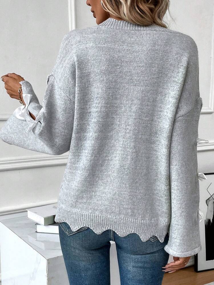 Notched Neckline Bow Detail Drop Shoulder Knit Pullover Fall Winter Sweater