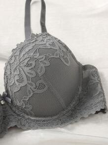 花網蕾絲底線胸罩內衣 - 灰色 - 查看 7