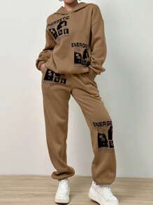 SHEIN Unity 標語圖案落肩袖連帽衫和運動褲 - 摩卡棕 - 查看 1