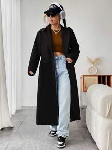 SHEIN Unity 西裝領雙排釦腰帶長款花呢外套 - 黑色 - 查看 3