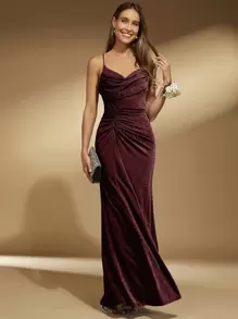 SHEIN Belle Váy dạ hội trang trọng màu đỏ tía xếp nếp phía trước lấp lánh, váy dự tiệc cưới, váy dạ hội - Màu Đỏ Sâu - Xem 3