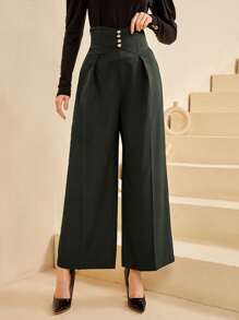 Modelyn High Waisted Solid Gold Front Buttons Wide Leg Pants Gold Front Buttons - Army Green - View 1