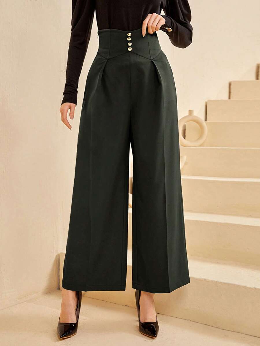 Modelyn High Waisted Solid Gold Front Buttons Wide Leg Pants Gold Front Buttons - Army Green - View 1