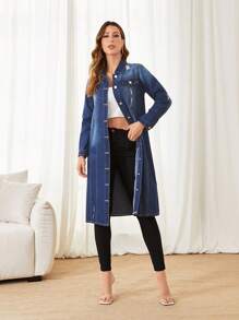SHEIN Privé Flap Pocket Drop Shoulder Denim Coat - Dark Wash - View 4