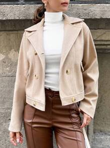 RueChic Lapel Neck Double Breasted Overcoat - Apricot - View 1